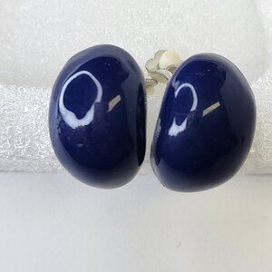 Dark Blue Clip On Earrings Oval Shaped Enamelled Earrings